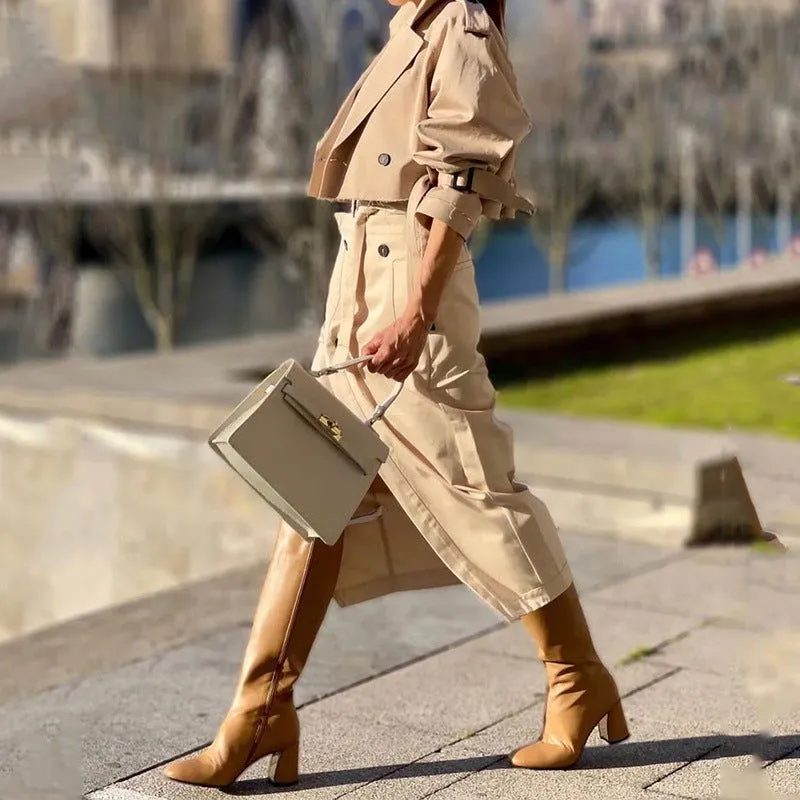 Professional Button Front Collared Shirt & Skirt with Belt Suits