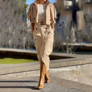Professional Button Front Collared Shirt & Skirt with Belt Suits