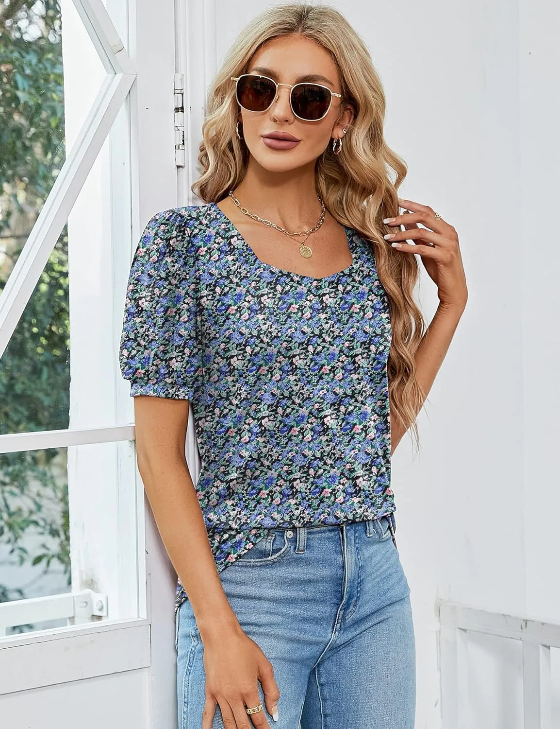 Rapbin Womens Square Neck Puff Sleeve Tops Dressy Casual Eyelet Long Sleeve Shirts Loose Trendy Blouses S-XXL