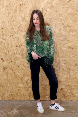 Relaxed Fit Leaf Print Tassel Top