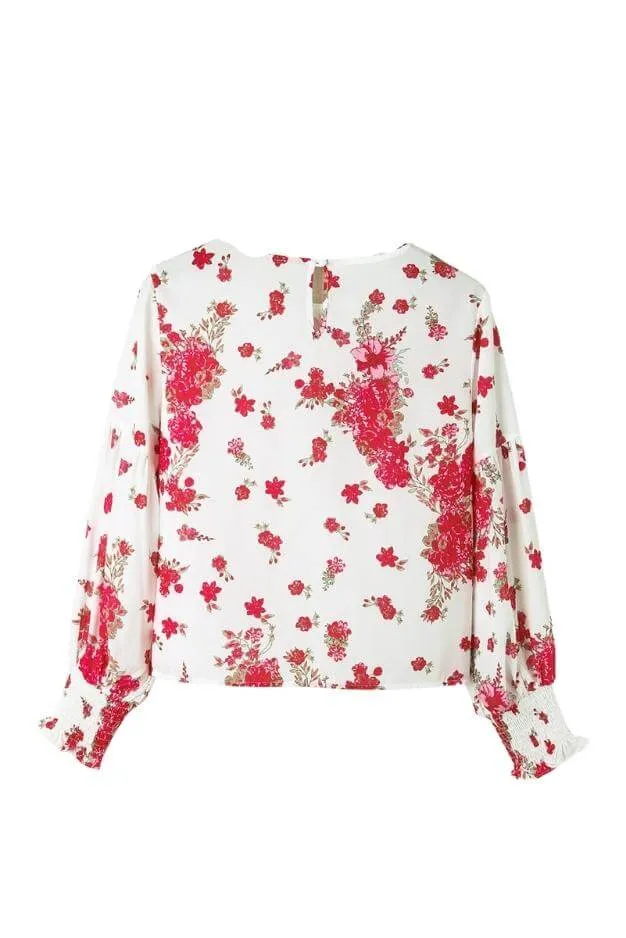 Round Neck Bishop Sleeves Floral Blouse