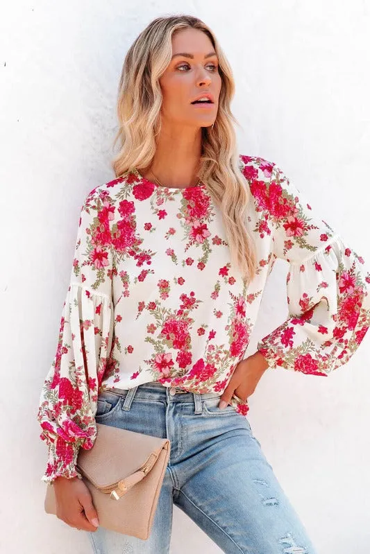 Round Neck Bishop Sleeves Floral Blouse