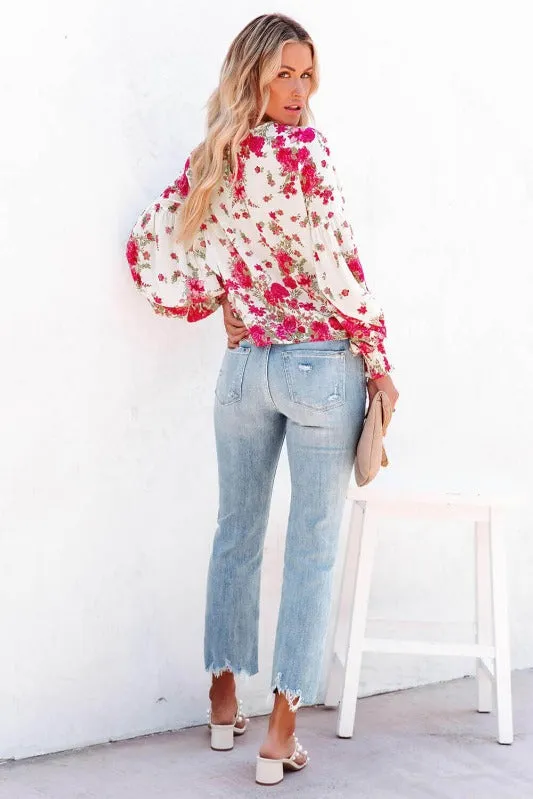 Round Neck Bishop Sleeves Floral Blouse