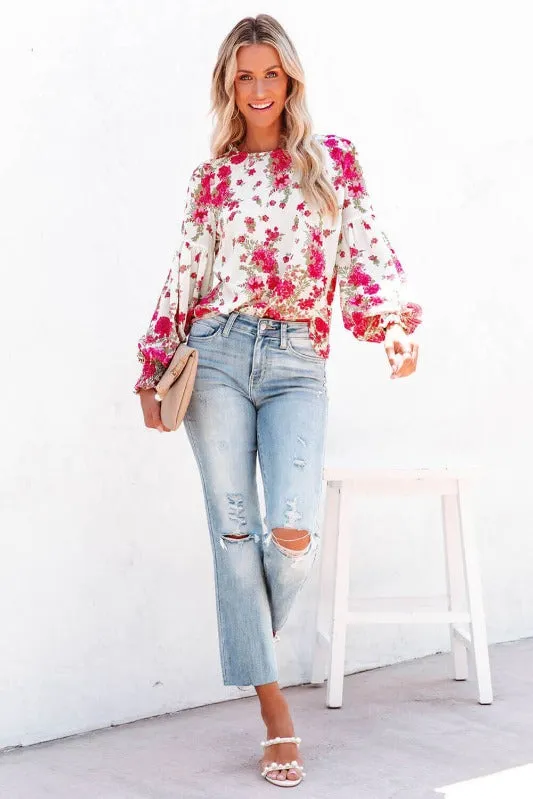 Round Neck Bishop Sleeves Floral Blouse