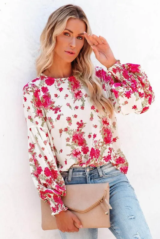 Round Neck Bishop Sleeves Floral Blouse