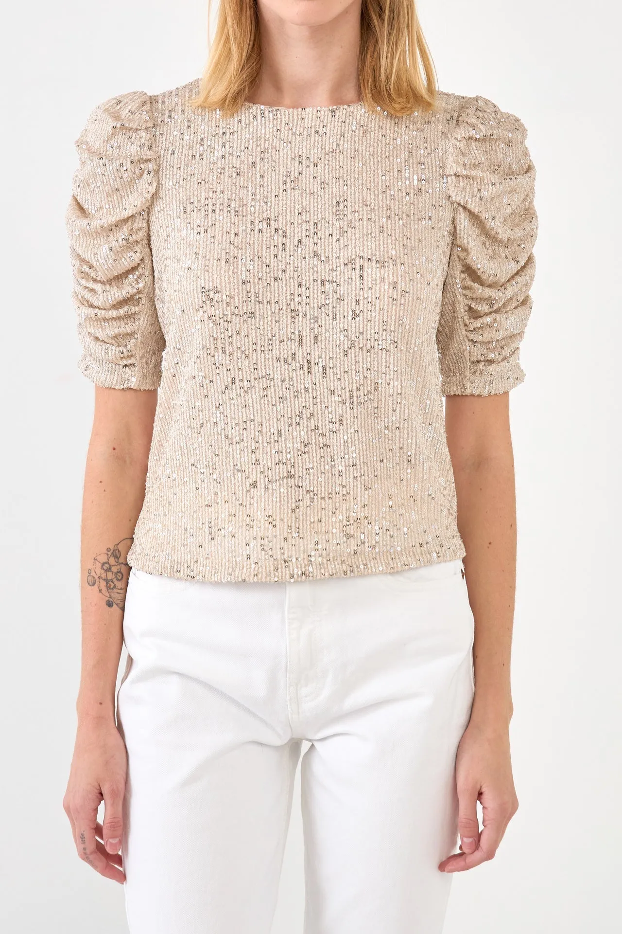 Sequin Shirred Sleeve Top