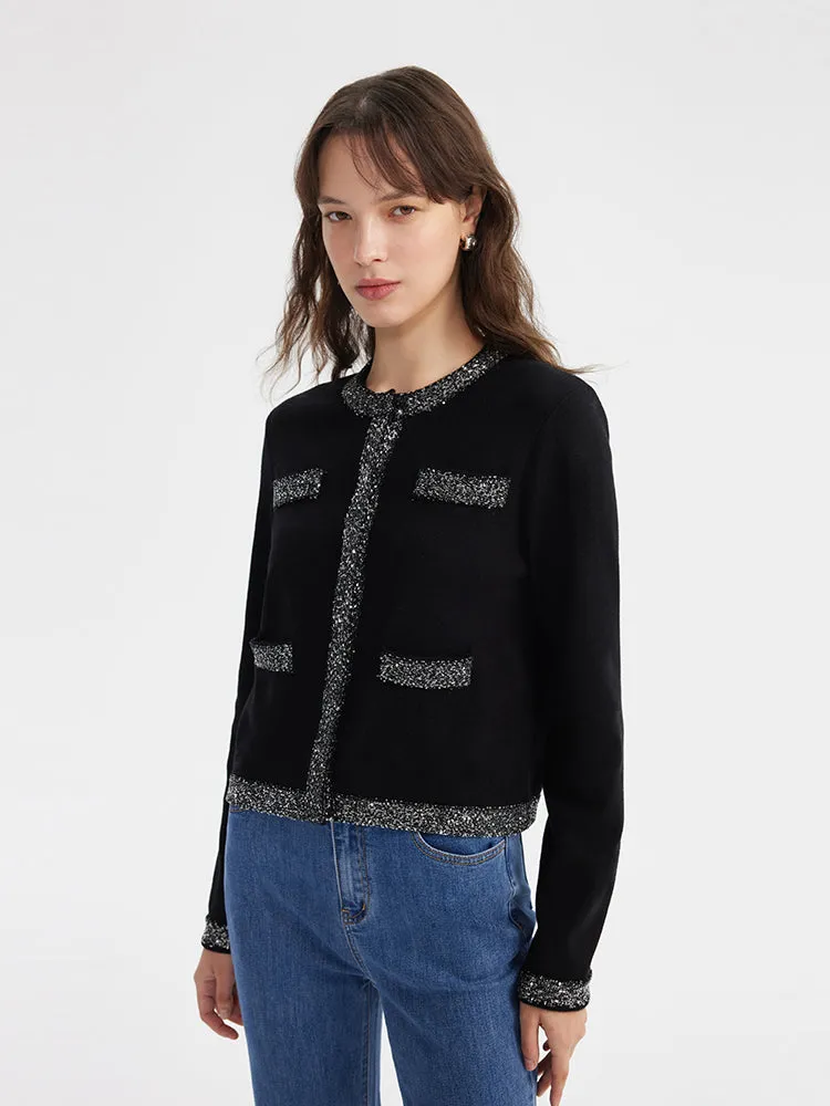 Sequins Trim Women Knitted Cardigan