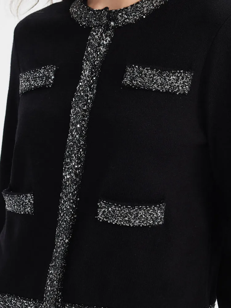 Sequins Trim Women Knitted Cardigan