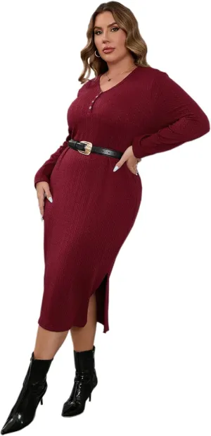 ShopWonder Plus Size Lightweight Knit Sweater Dress Long Sleeve Fall Outfits Fashion V Neck Slit Hem Casual Midi Dress