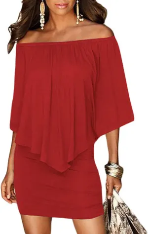 Sidefeel Women's Dresses Off Shoulder Ruffles Night Club Bodycon Mini Dress