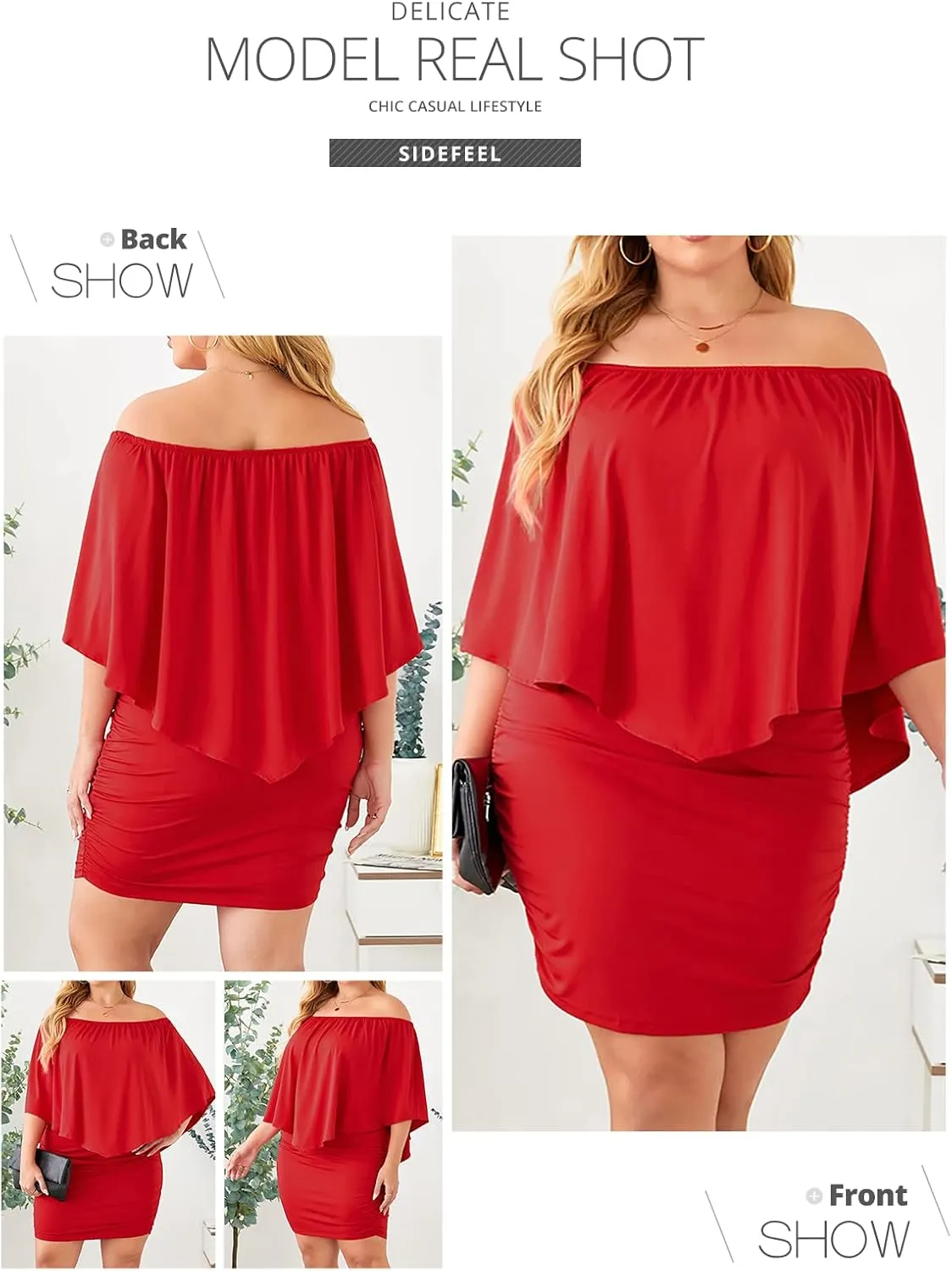 Sidefeel Women's Dresses Off Shoulder Ruffles Night Club Bodycon Mini Dress