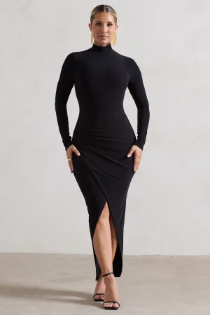 Soha | Black High-Neck Wrap Midi Dress