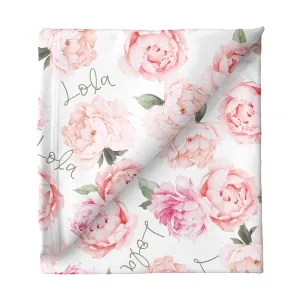 Sugar   Maple Small Stretchy Blanket - Peach Peony Blooms