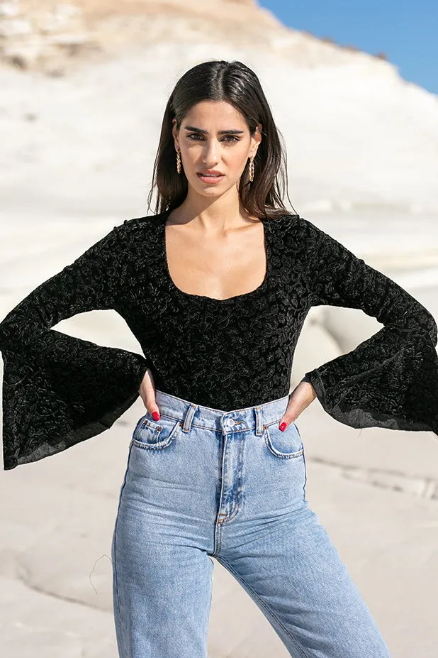 Black Velvet Square Neck Flare Bodysuit by Sun Sea & Roses