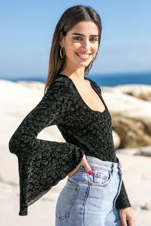 Black Velvet Square Neck Flare Bodysuit by Sun Sea & Roses