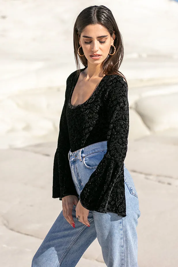 Black Velvet Square Neck Flare Bodysuit by Sun Sea & Roses