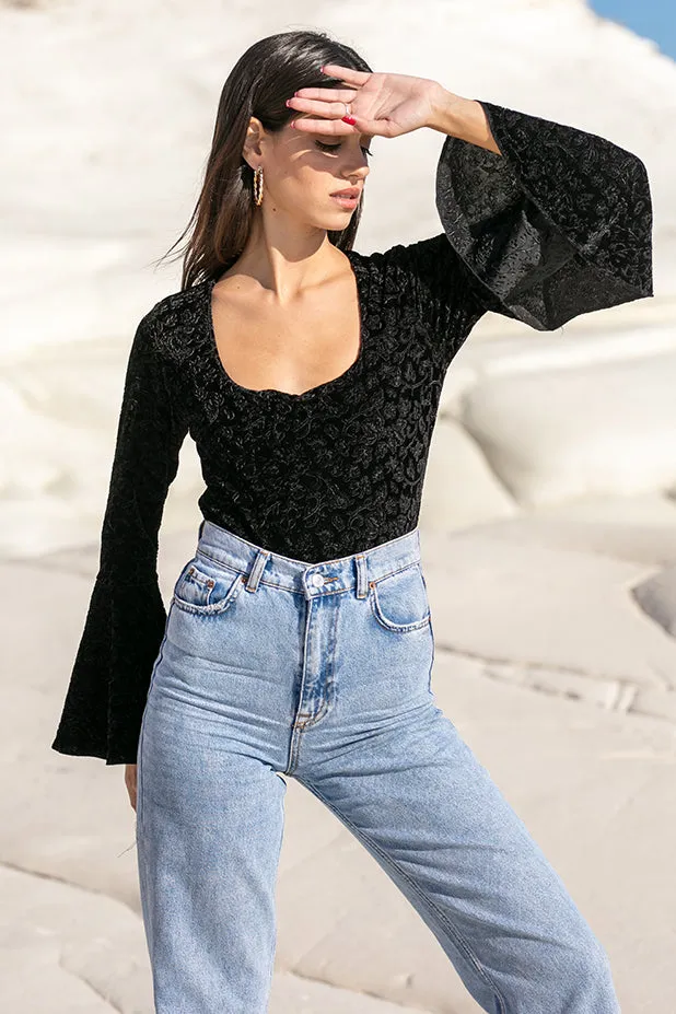 Black Velvet Square Neck Flare Bodysuit by Sun Sea & Roses