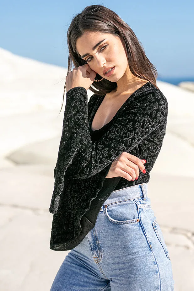 Black Velvet Square Neck Flare Bodysuit by Sun Sea & Roses