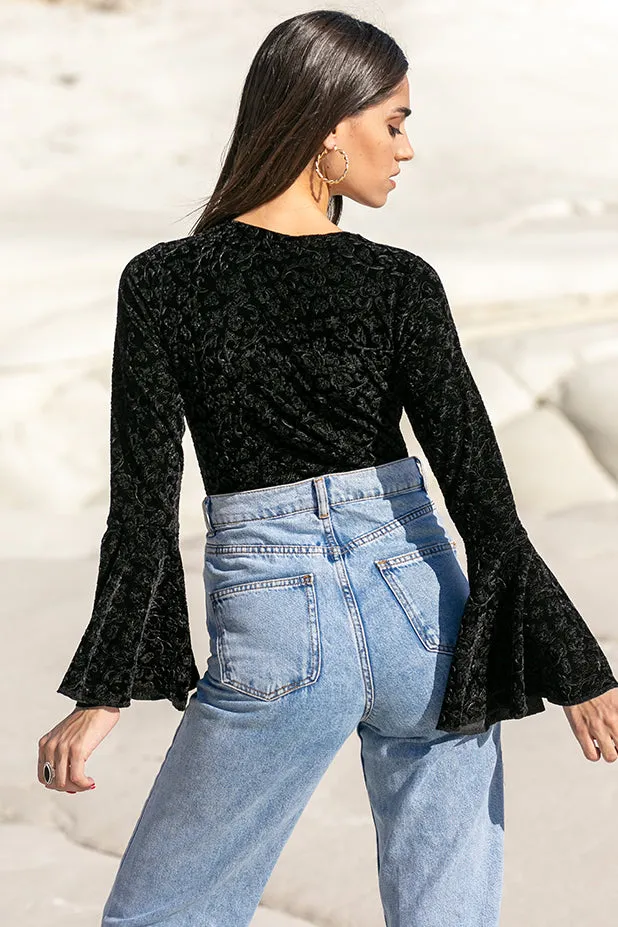 Black Velvet Square Neck Flare Bodysuit by Sun Sea & Roses