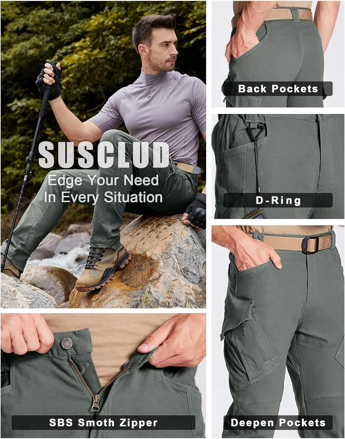 Susclude Men's Outdoor Cargo Work Trousers Military Tactical Pants Ripstop Assault Combat Trousers Hiking Pants Men