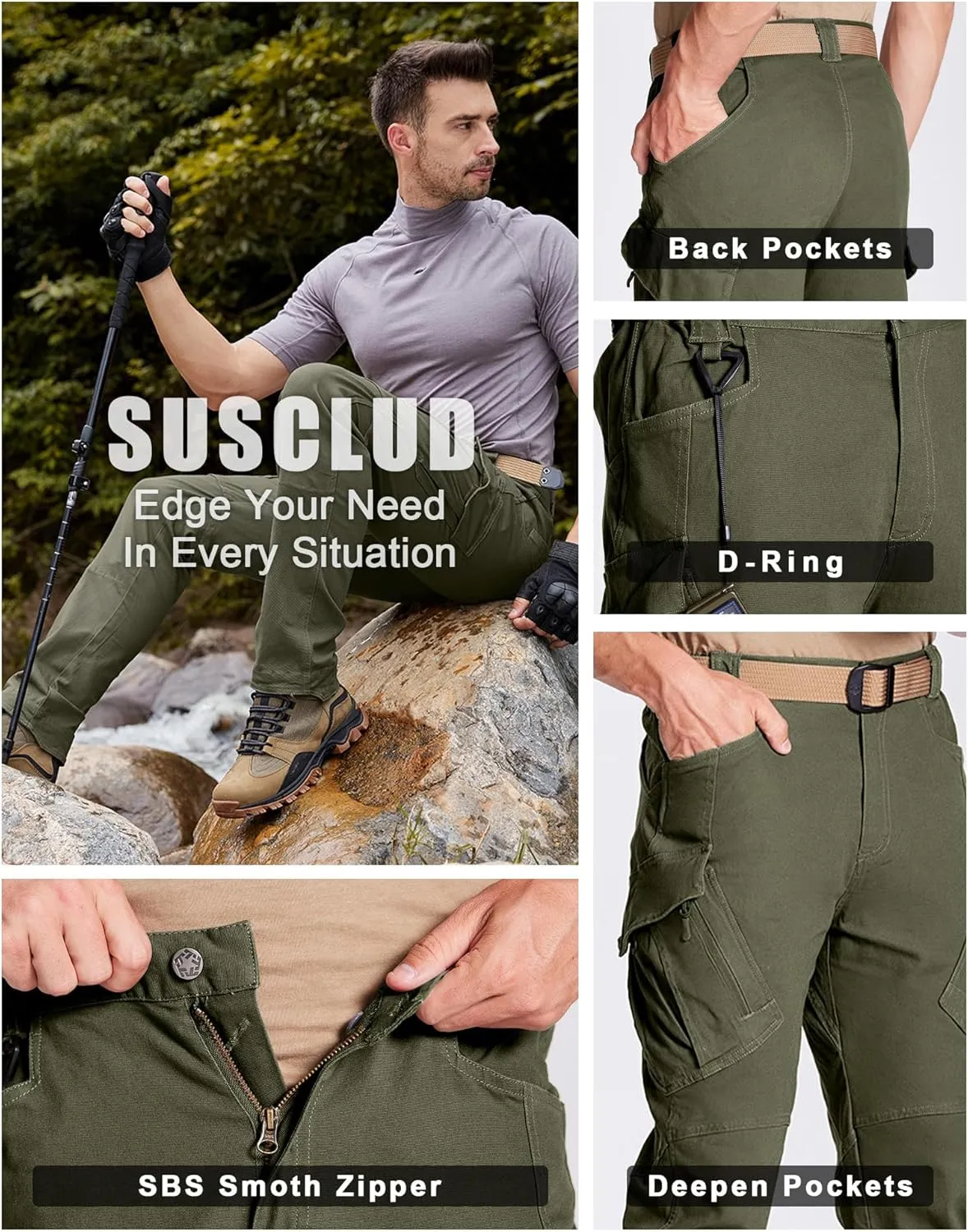 Susclude Men's Outdoor Cargo Work Trousers Military Tactical Pants Ripstop Assault Combat Trousers Hiking Pants Men