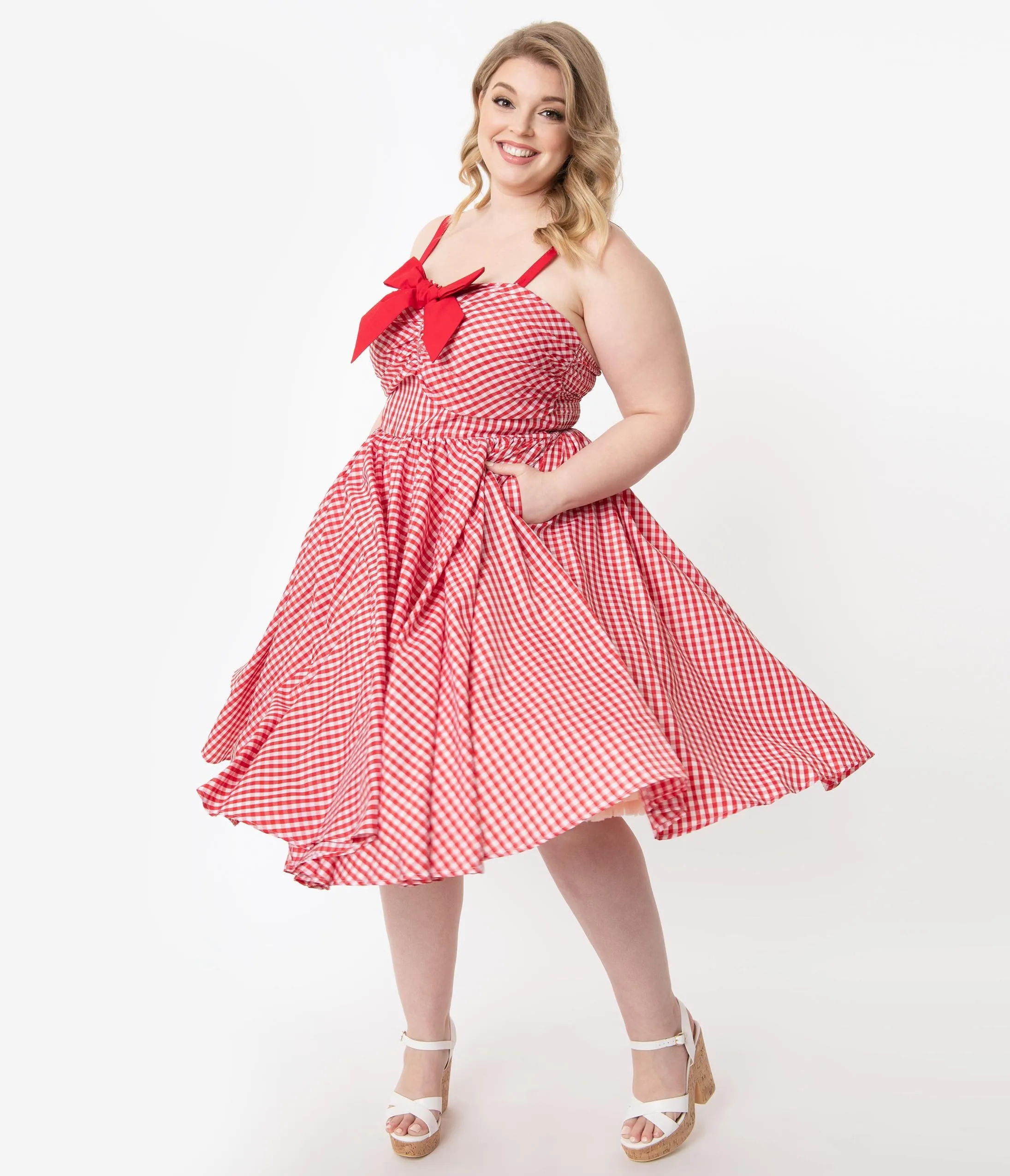 Unique Vintage Plus Size 1950s Red Gingham Golightly Swing Dress