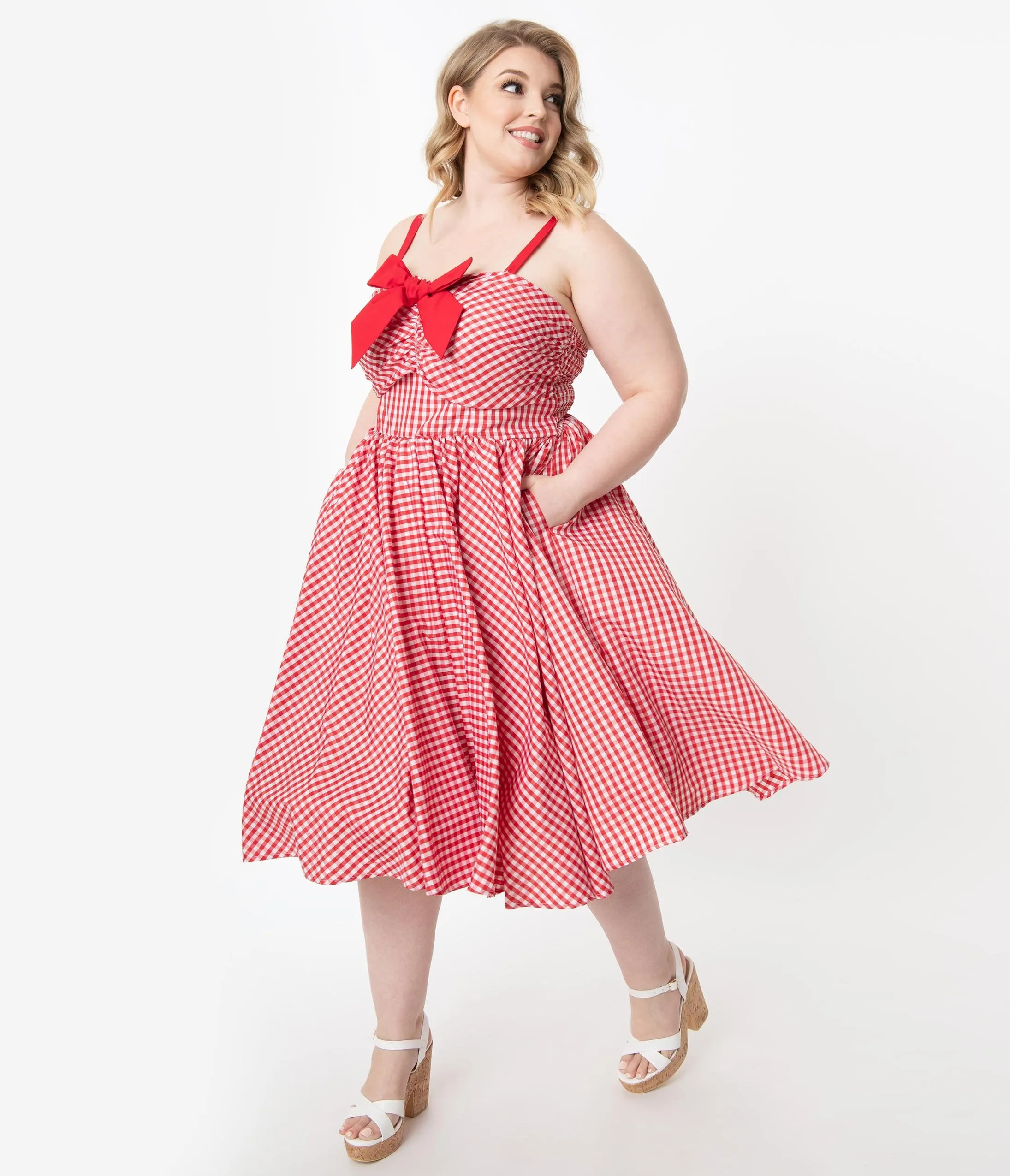 Unique Vintage Plus Size 1950s Red Gingham Golightly Swing Dress