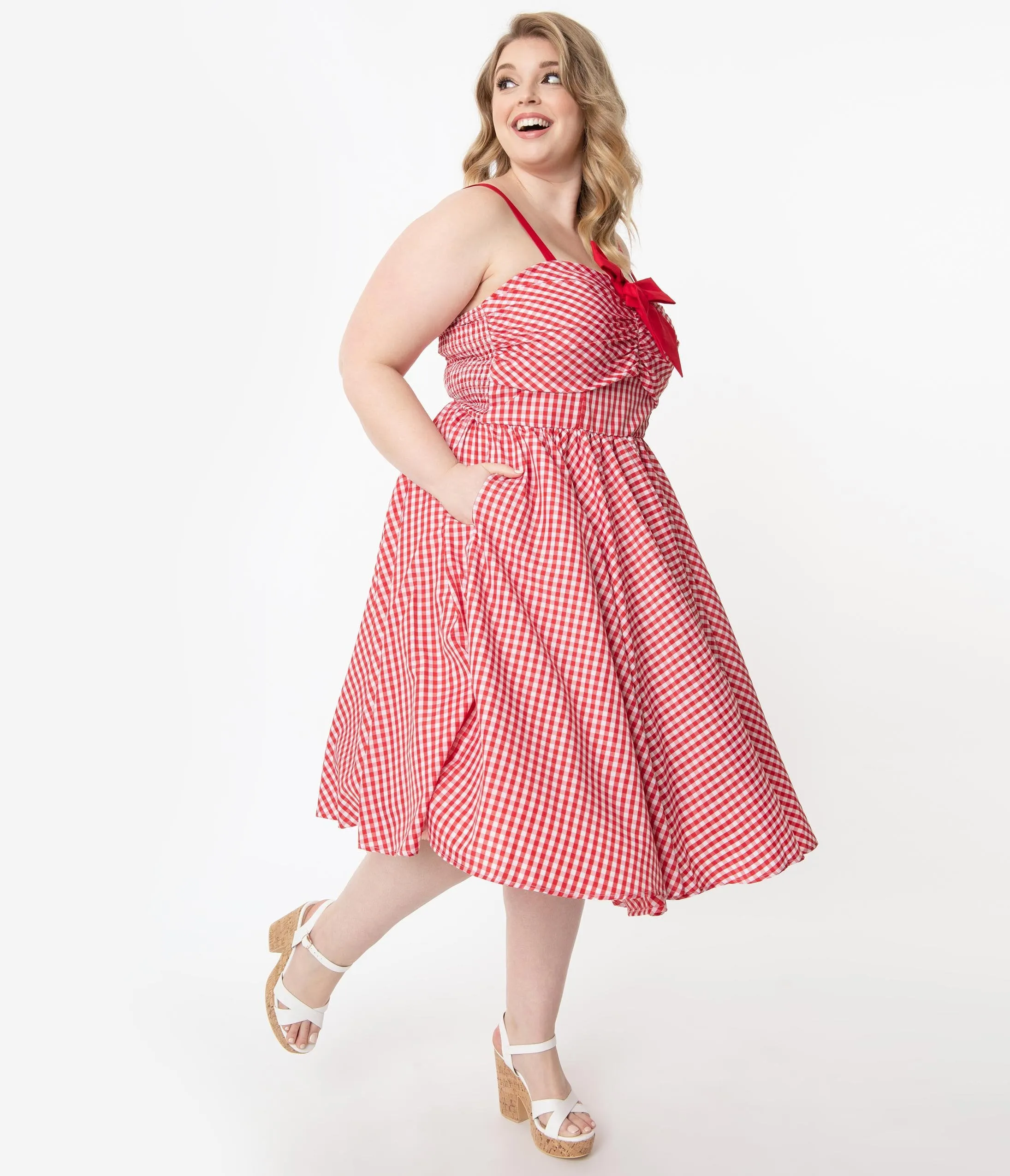 Unique Vintage Plus Size 1950s Red Gingham Golightly Swing Dress