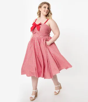 Unique Vintage Plus Size 1950s Red Gingham Golightly Swing Dress