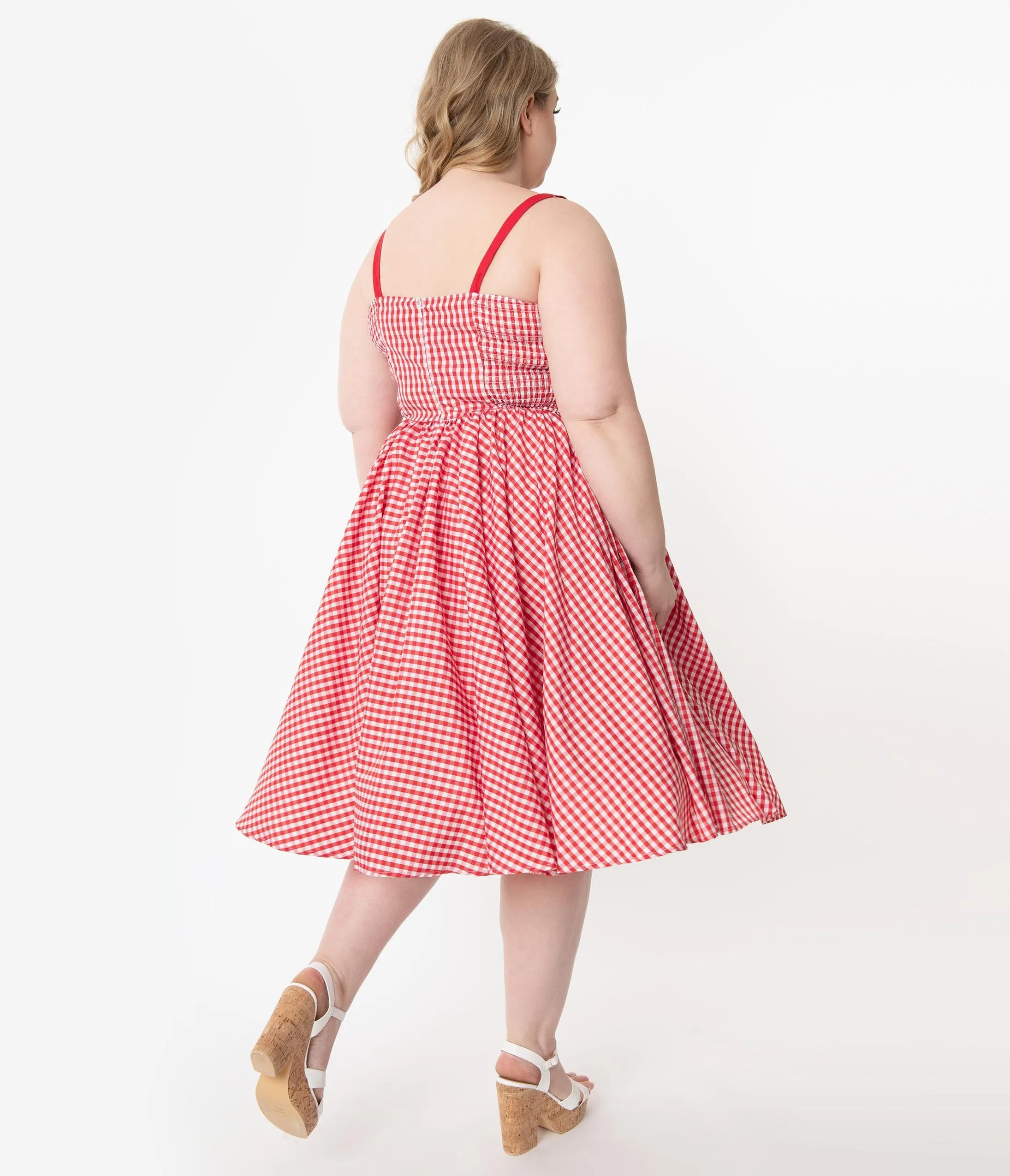 Unique Vintage Plus Size 1950s Red Gingham Golightly Swing Dress