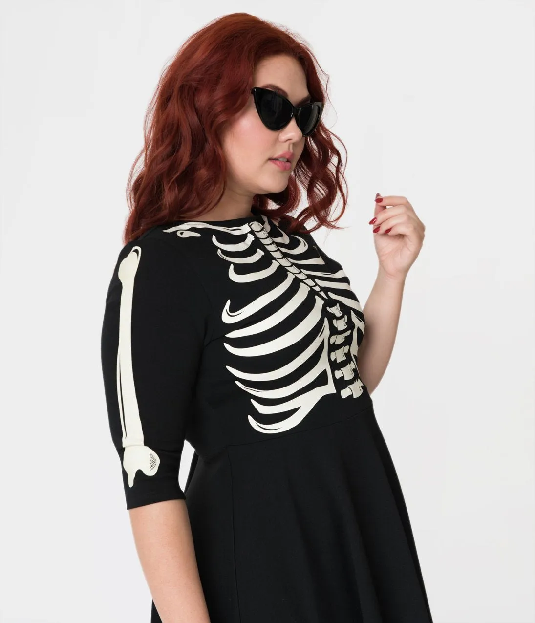 Unique Vintage Plus Size Black Skeleton Bones Graves Swing Dress