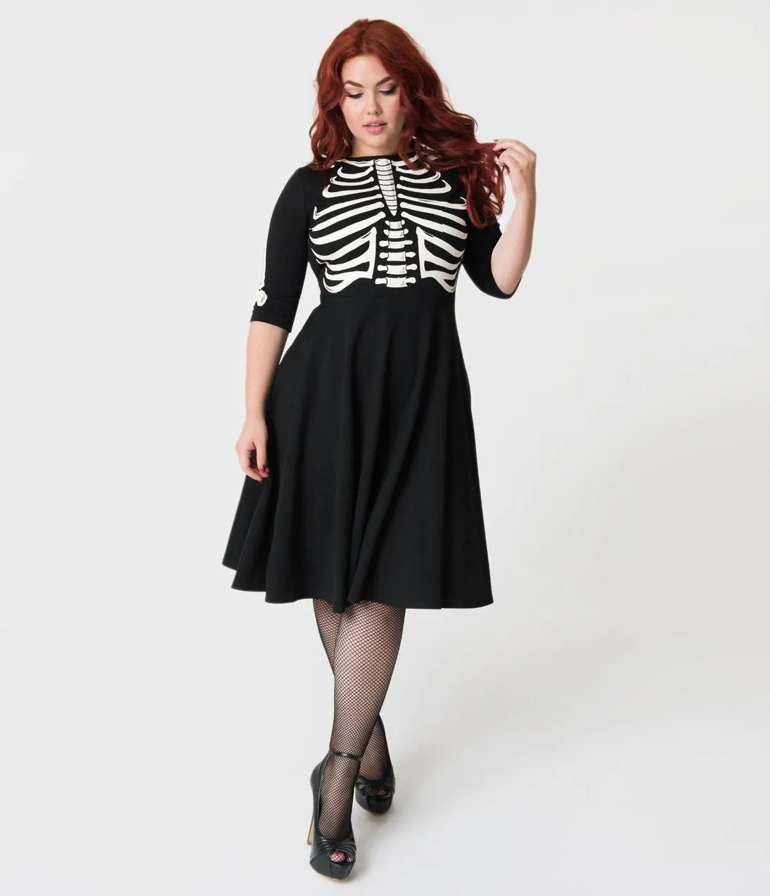 Unique Vintage Plus Size Black Skeleton Bones Graves Swing Dress