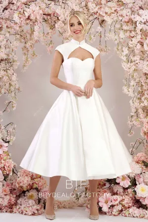 Vintage Keyhole Neck Satin Classic Puffy Tea Length Wedding Gown