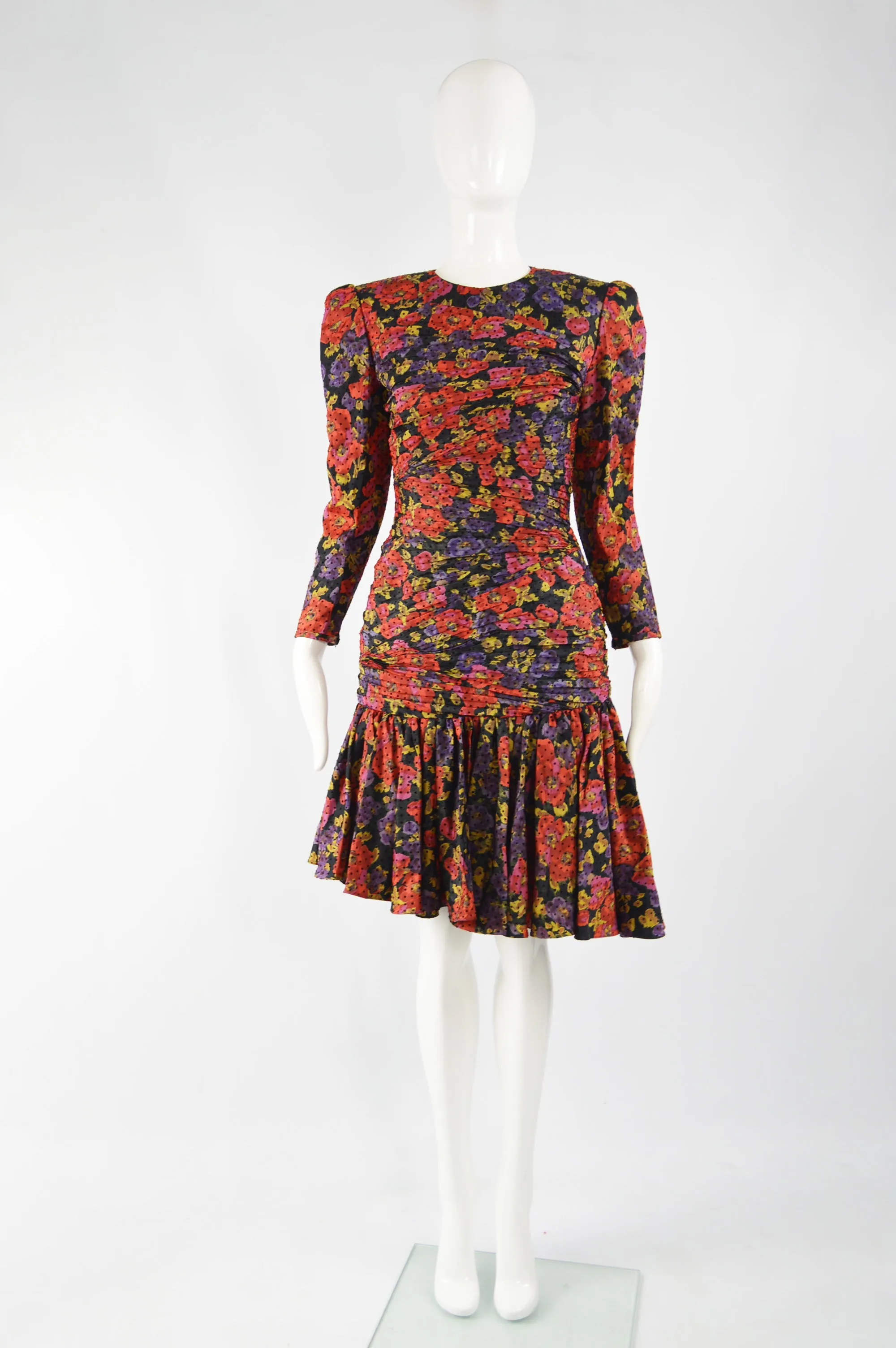 Vintage Ruched Silk Floral Evening Dress, 1980s