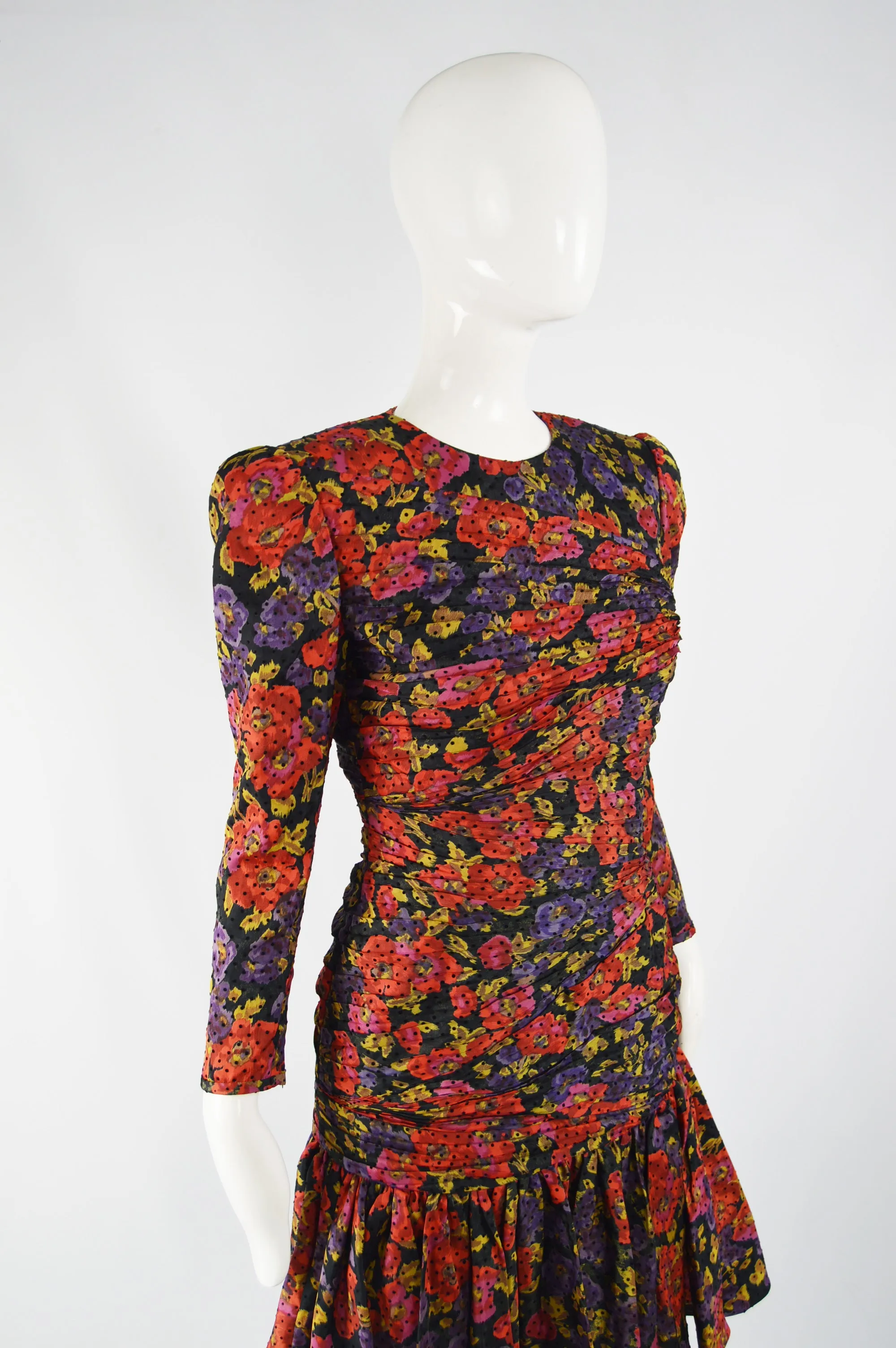Vintage Ruched Silk Floral Evening Dress, 1980s