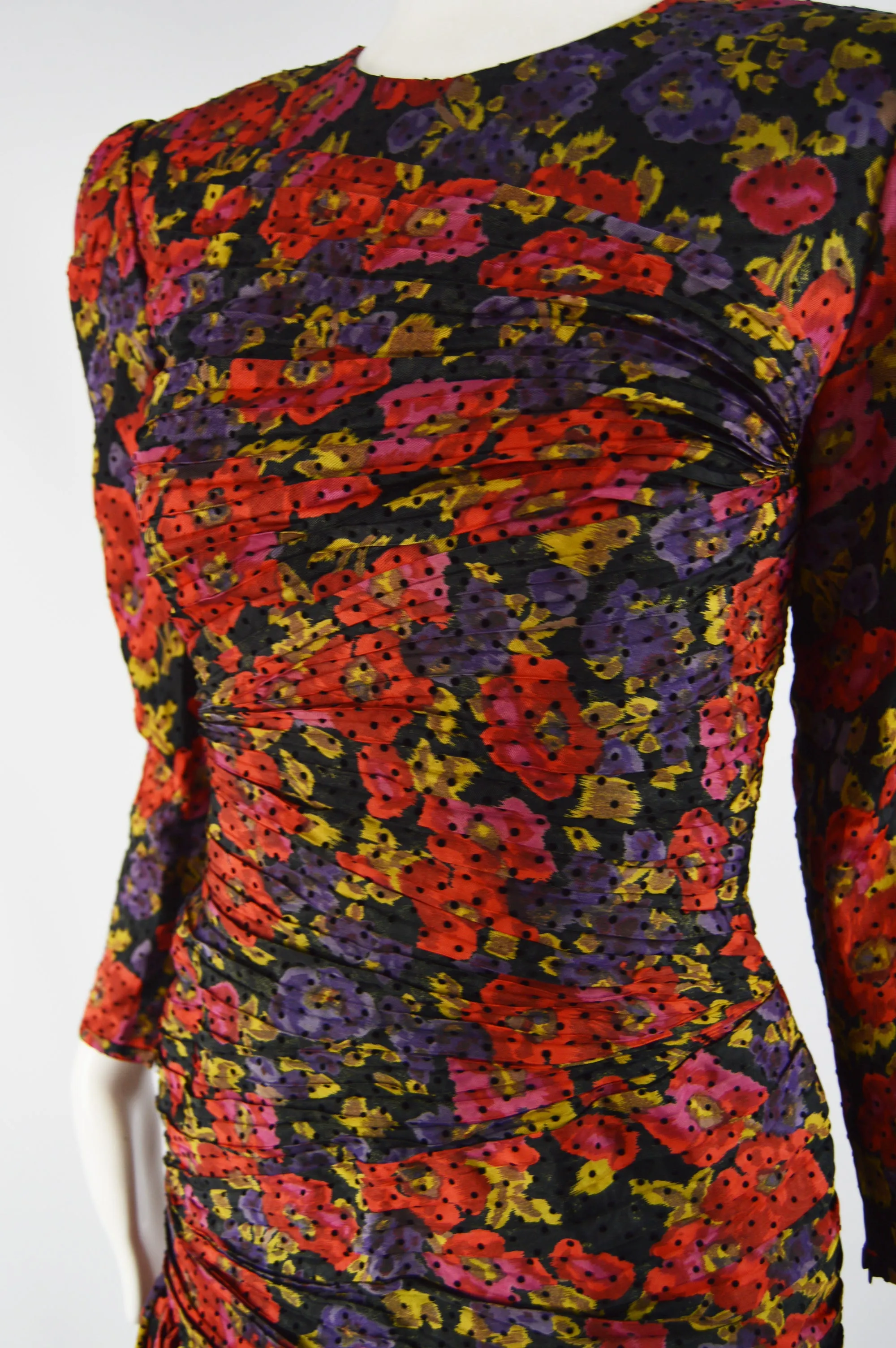 Vintage Ruched Silk Floral Evening Dress, 1980s