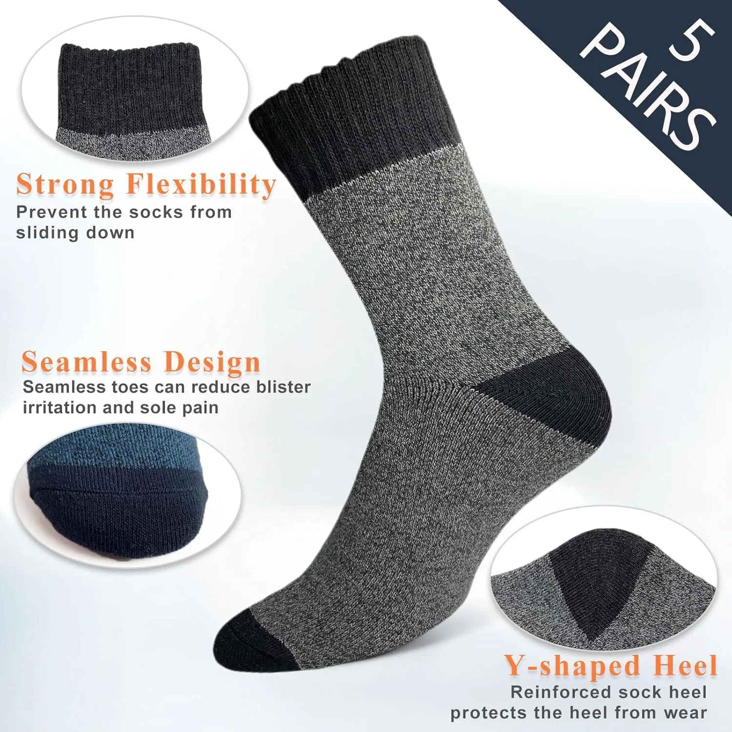 VoJoPi Cushioned Wool Socks Mens, 5 Pairs Hiking Thermal Warm Socks for Men Walking Super Soft Cozy Boot Socks