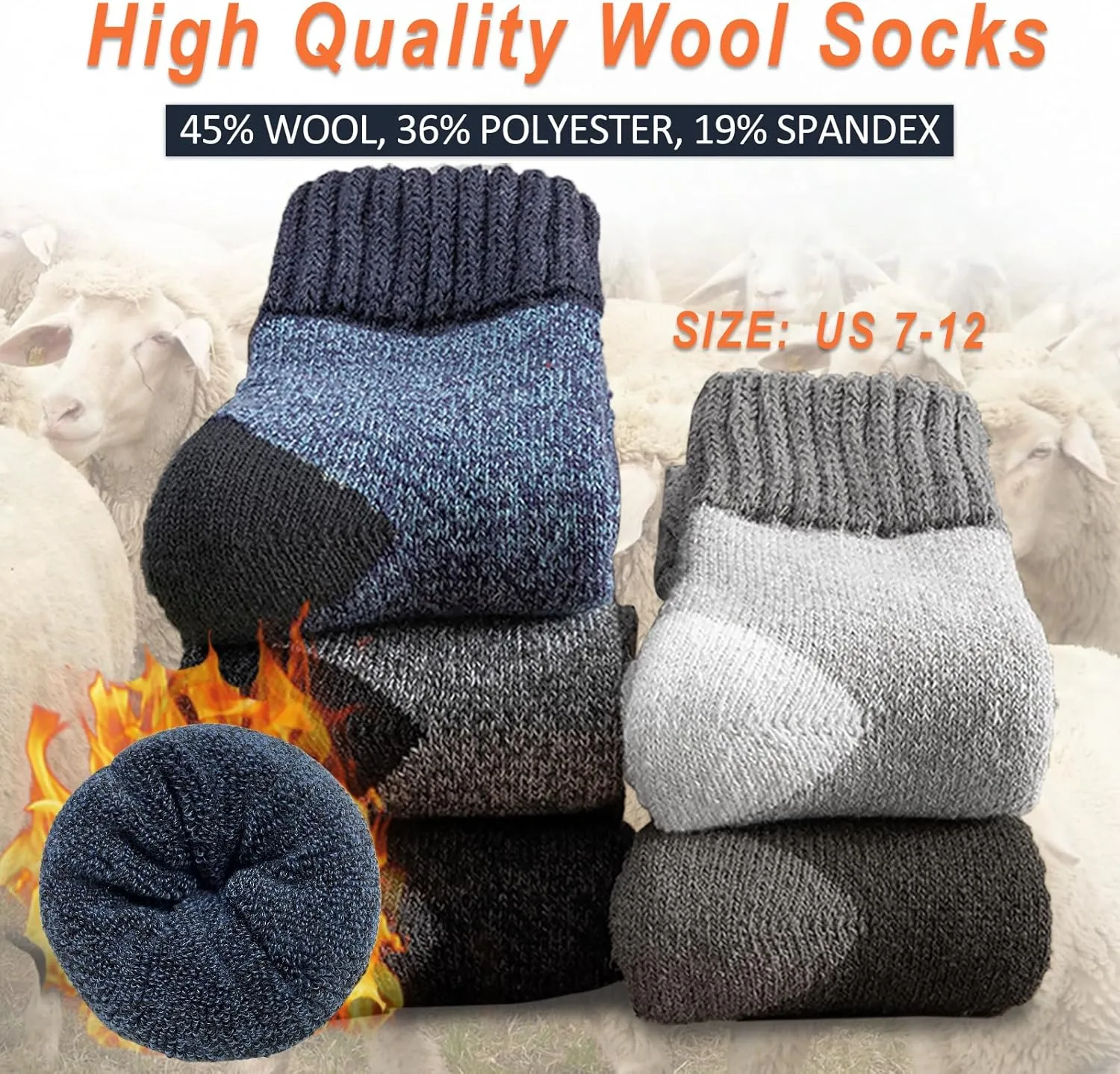 VoJoPi Cushioned Wool Socks Mens, 5 Pairs Hiking Thermal Warm Socks for Men Walking Super Soft Cozy Boot Socks