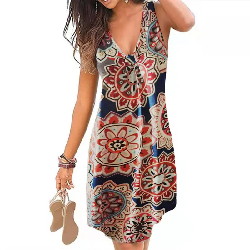 Women Sexy V-neck Sleeveless Element Printed Bohemian Dress