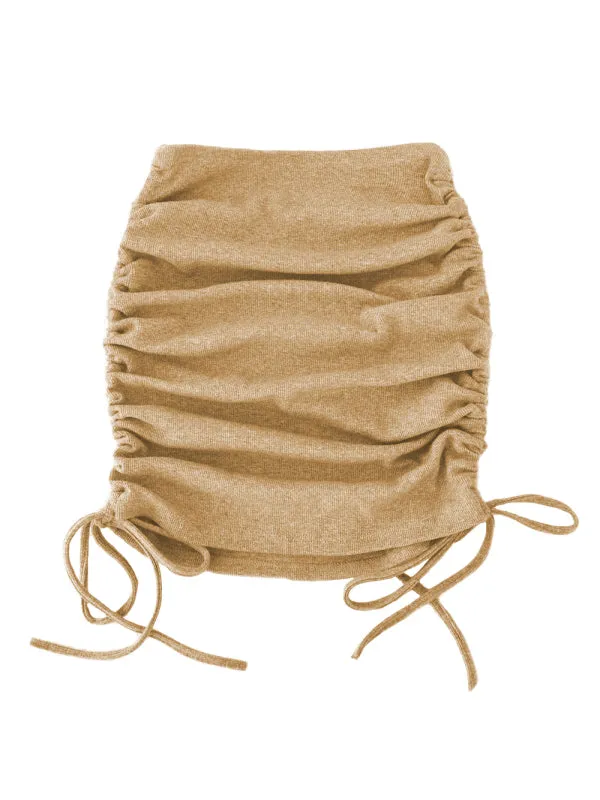 Women's Knit Rib Side Drawstring Stretch Ruffle Skirt