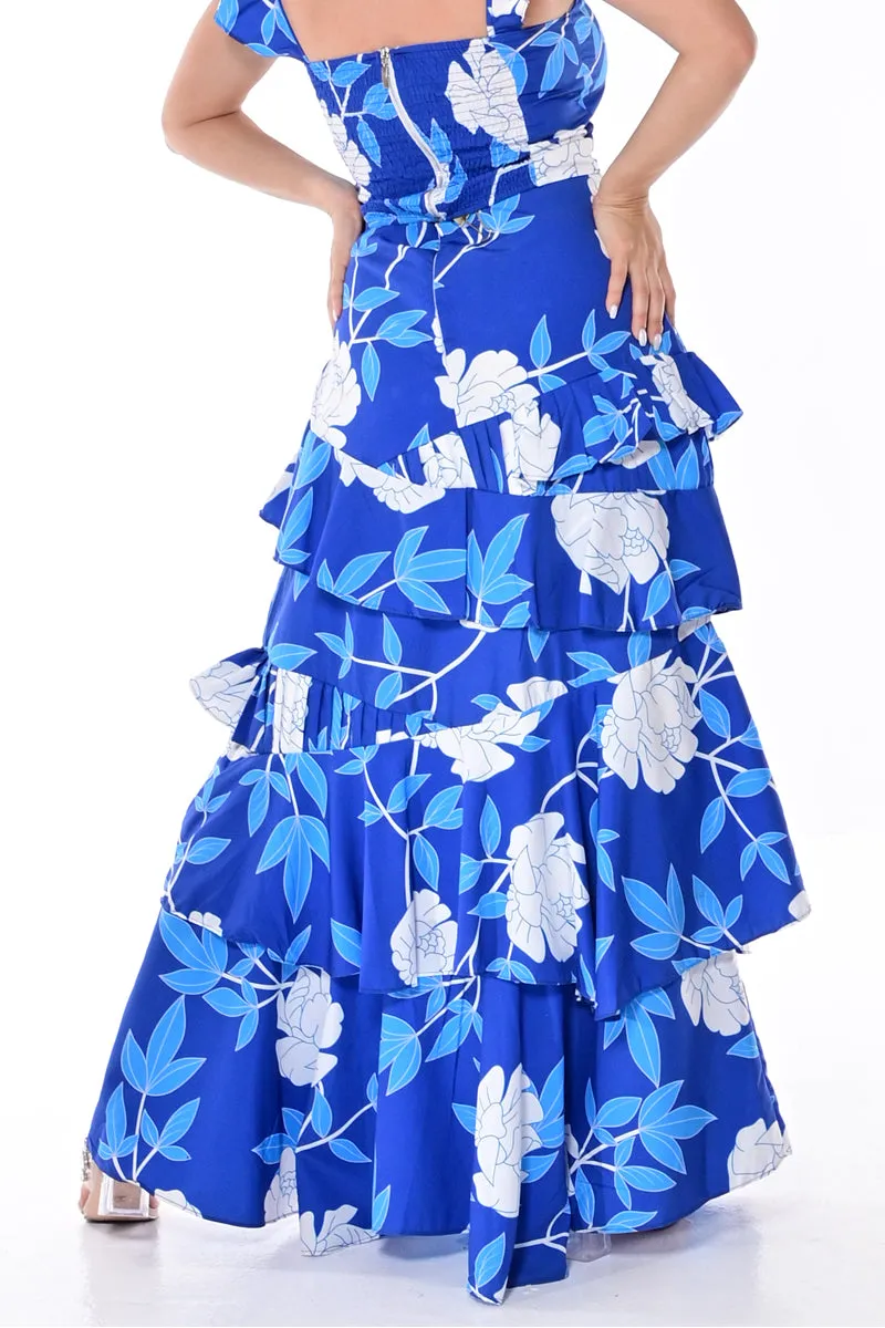 Women's Long Skirt w/Tiered Ruffles in Floral Rose