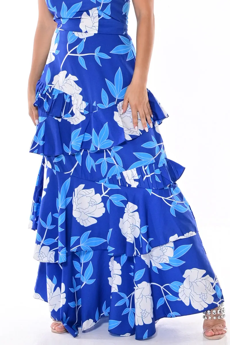 Women's Long Skirt w/Tiered Ruffles in Floral Rose