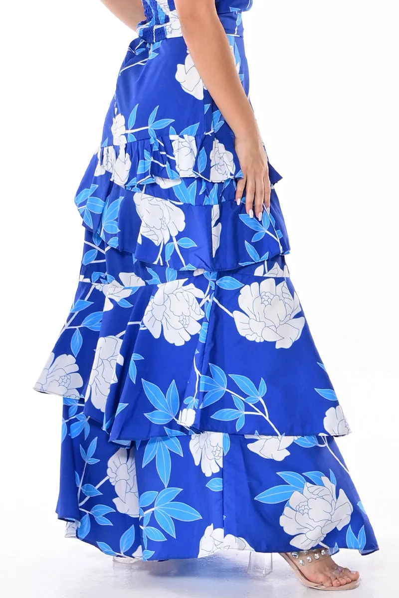Women's Long Skirt w/Tiered Ruffles in Floral Rose