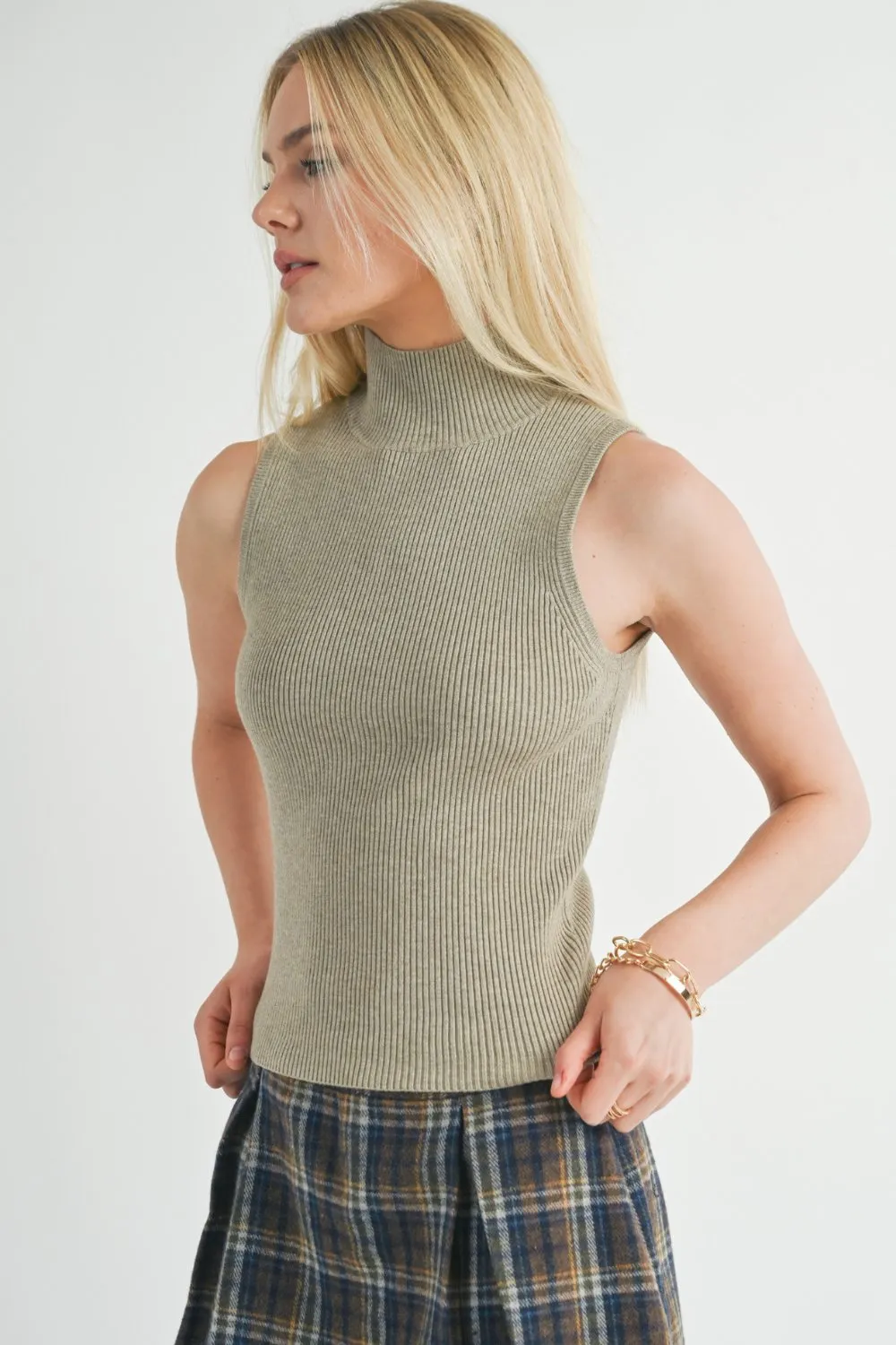 Women's Mock Neck Rib Sweater Tank Top | Sage The Label | Dusty Sage Green