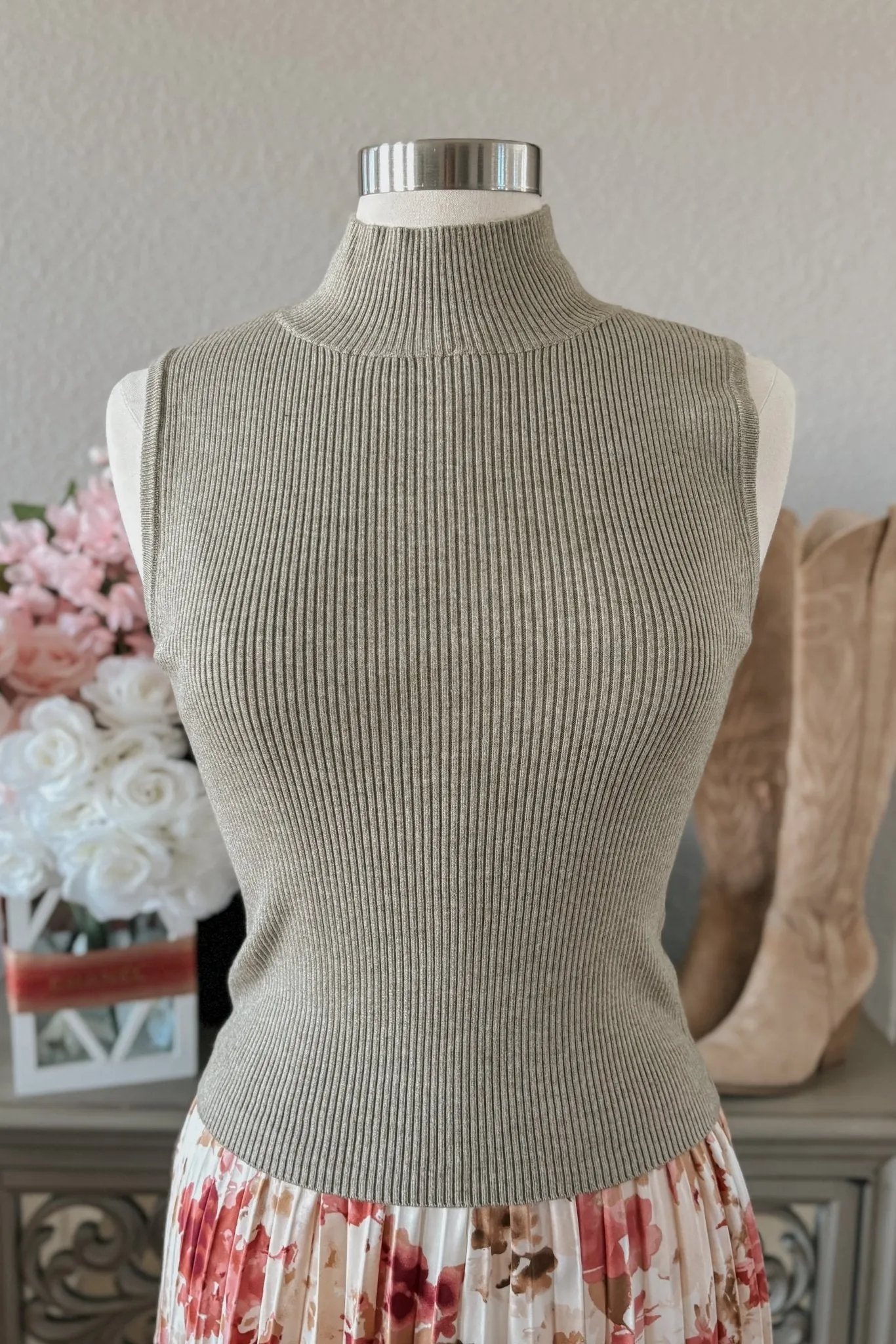 Women's Mock Neck Rib Sweater Tank Top | Sage The Label | Dusty Sage Green