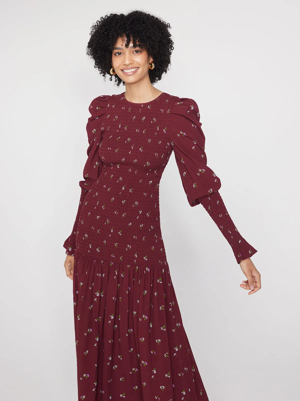 Wren Berry Ditsy Floral Shirred Midi Dress
