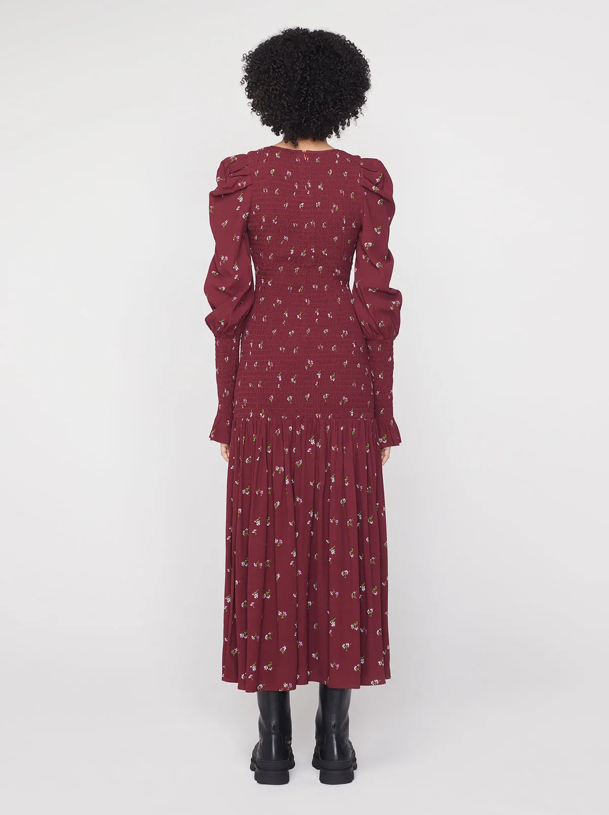 Wren Berry Ditsy Floral Shirred Midi Dress