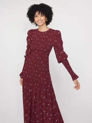 Wren Berry Ditsy Floral Shirred Midi Dress