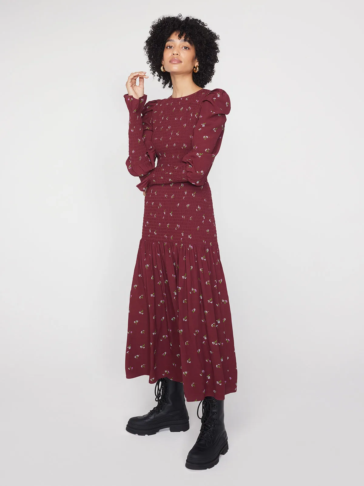 Wren Berry Ditsy Floral Shirred Midi Dress
