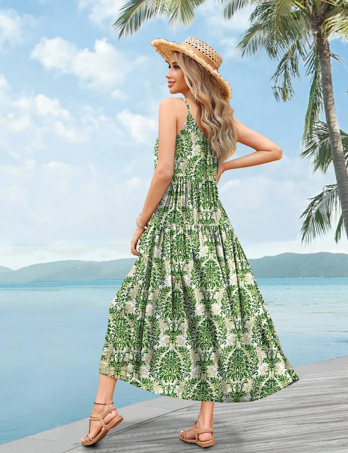 YESNO Summer Bohemian Floral Dresses for Women Spaghetti Straps Maxi Dress Casual Flowy Dresses with Pockets ES0